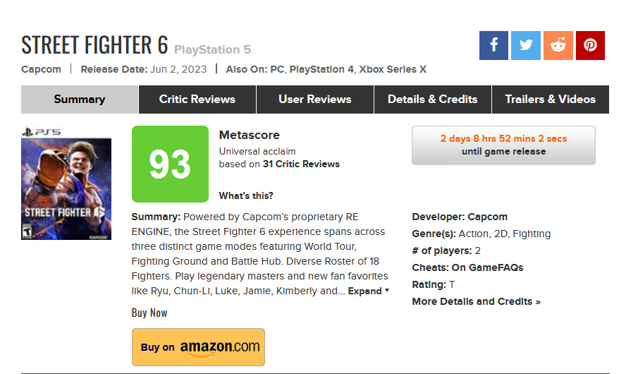 3D格斗系列《街霸6》Metacritic评分出炉 均分93分